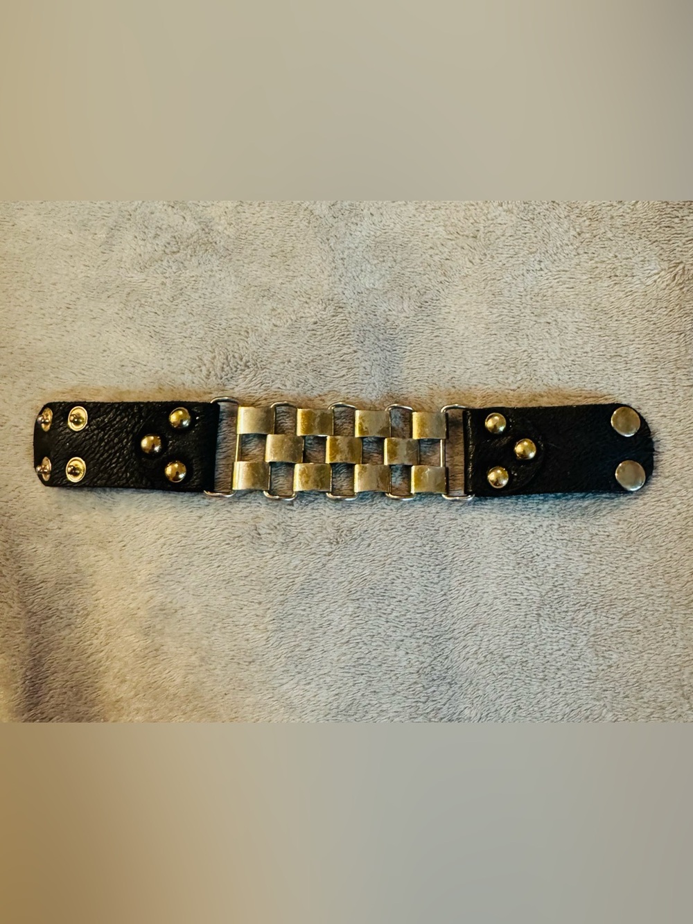 Black Leather and Gold Stud Link Bracelet